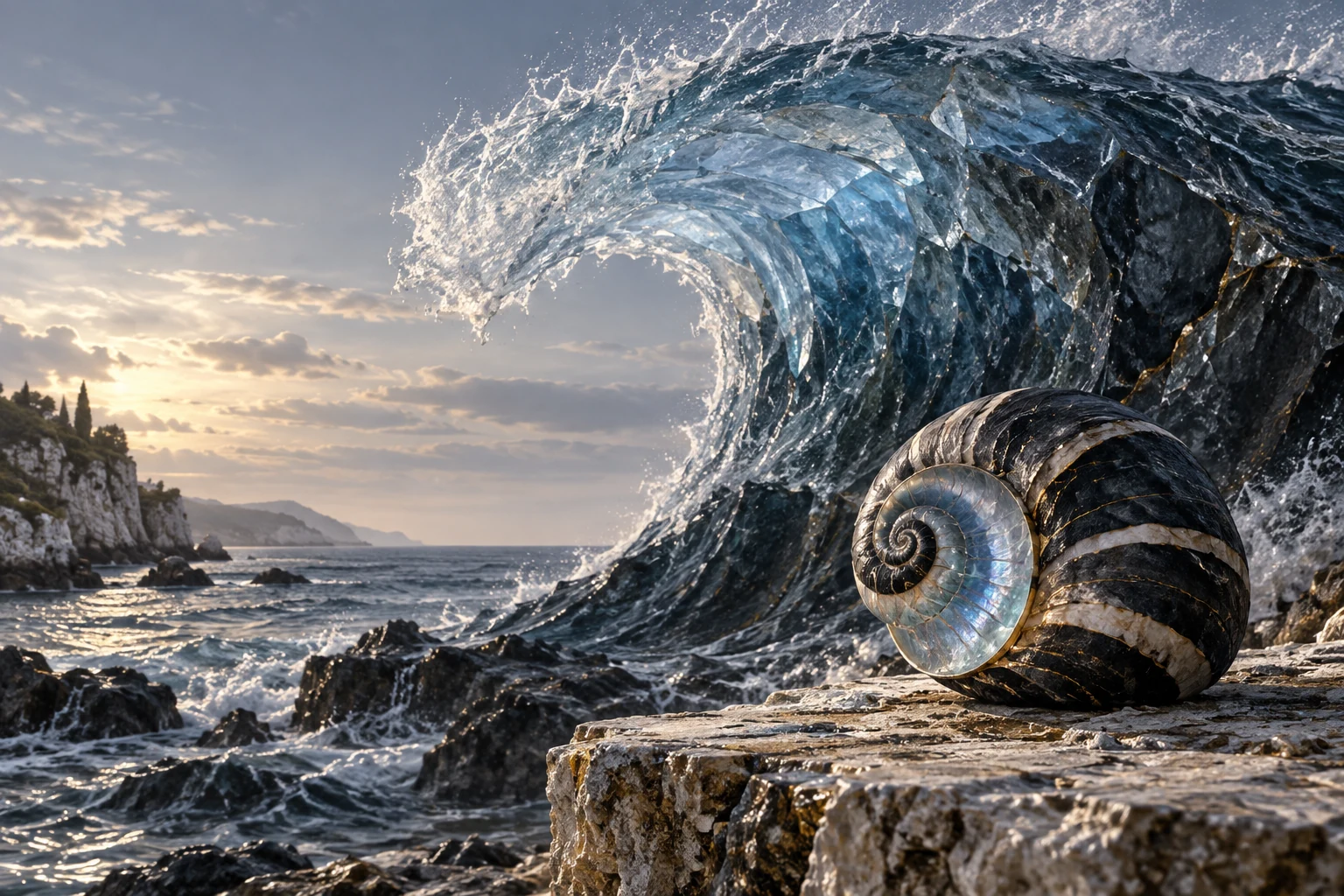 Concha de obsidiana e nácar permanece íntegra entre uma onda de água e pedra; suas camadas mantêm uma espiral contínua