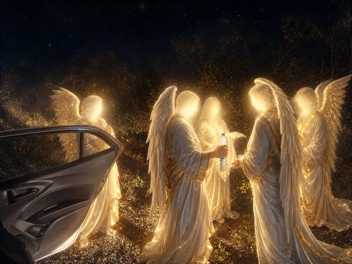 Figuras celestiais anônimas reunidas em torno de um gesto de cuidado noturno; os rostos são intencionalmente apagados