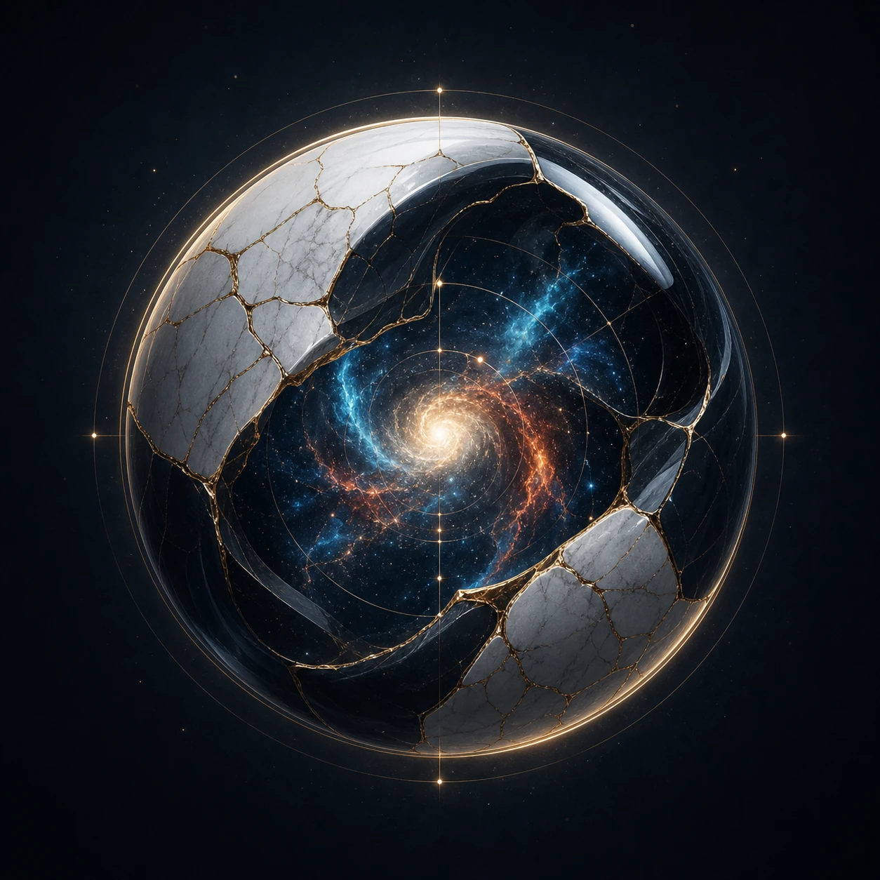 Esfera parcialmente aberta, branca e negra, com juntas douradas e uma galáxia espiral luminosa no centro.