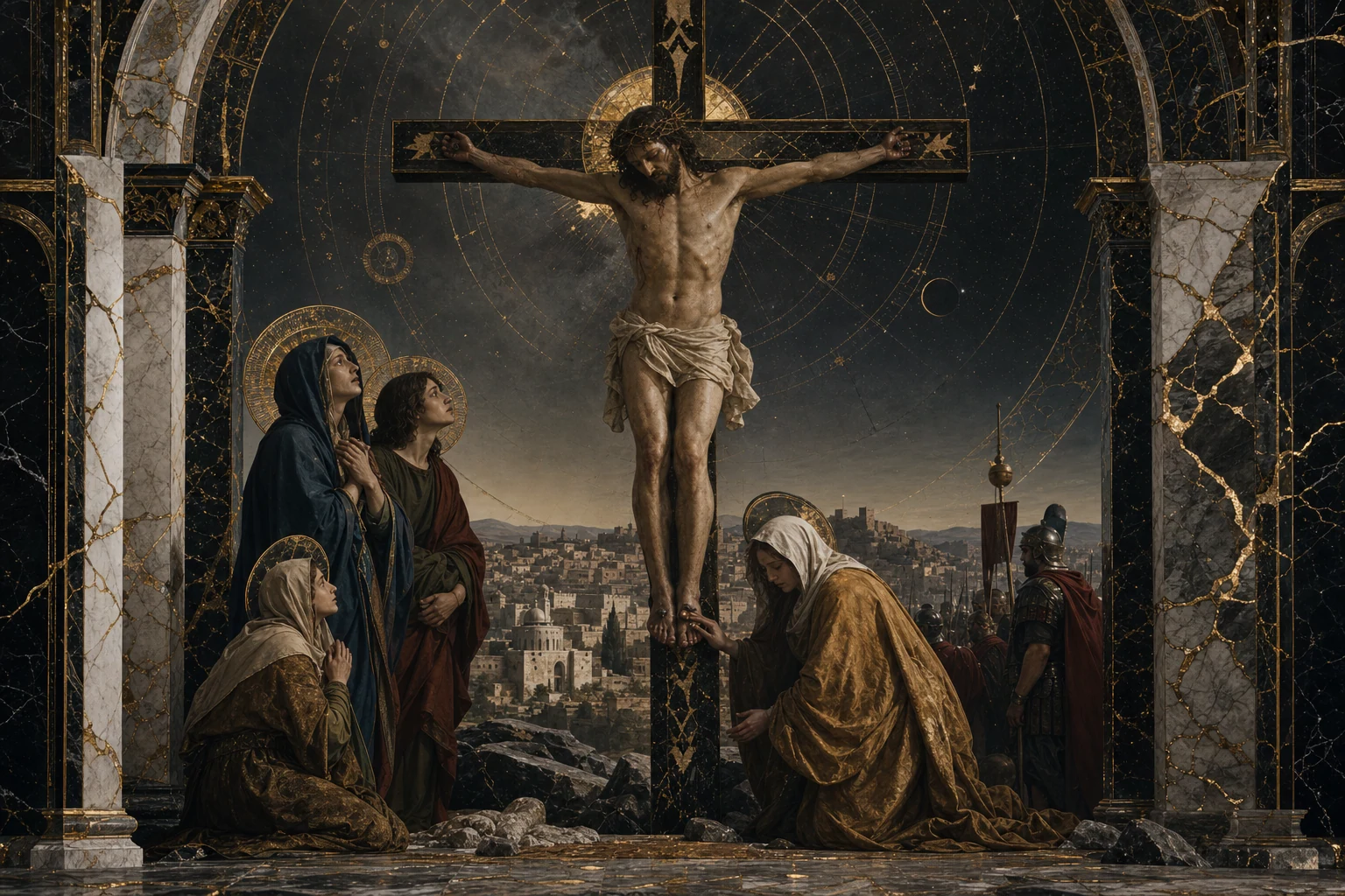 Representação artística sintética da Crucificação de Jesus